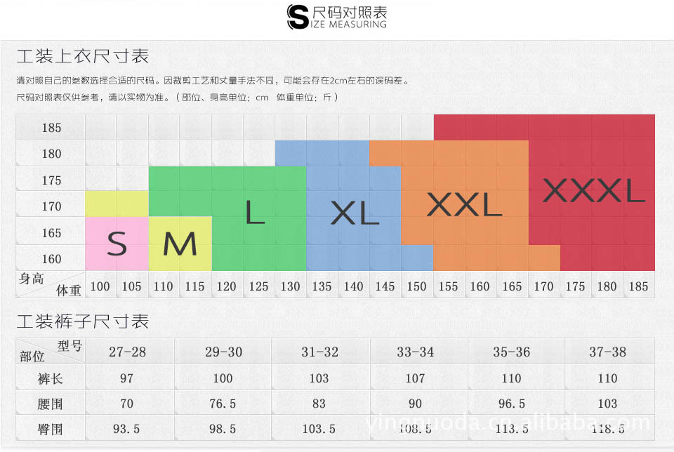 尺码对照表